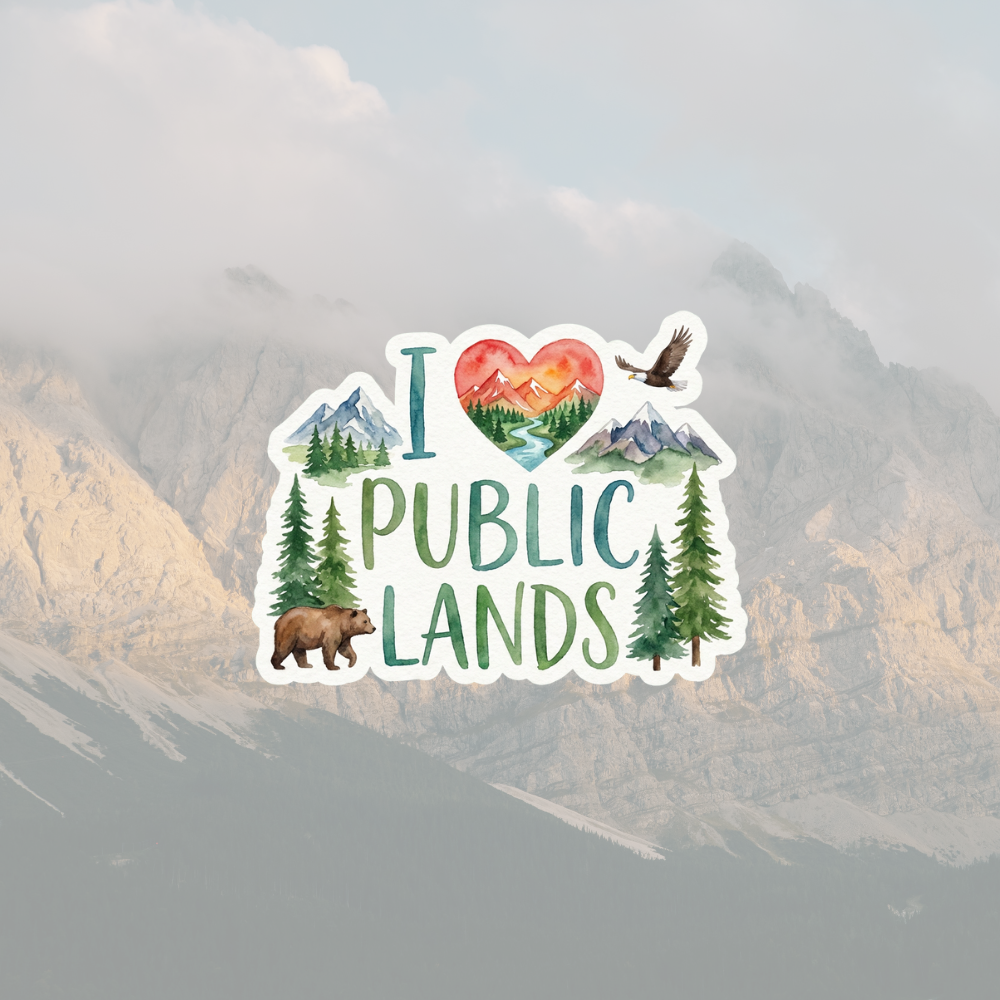 Sticker with 'I love public lands' design featuring a bear, trees, and an eagle against a mountainous background.