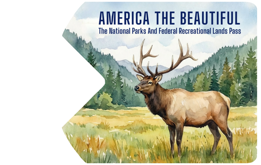 Pass with an elk illustration and 'America the Beautiful' text on a white background
