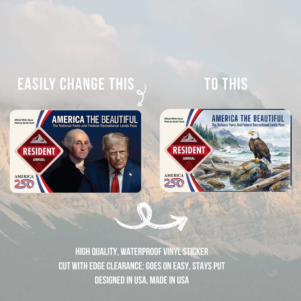 Two 'America the Beautiful' stickers with different designs on a blurred natural background.