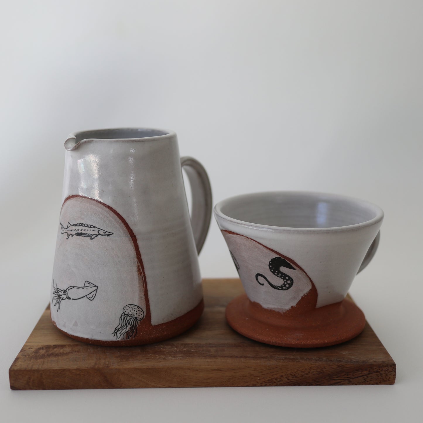 Pour over coffee dripper and pitcher set with sea illustrations