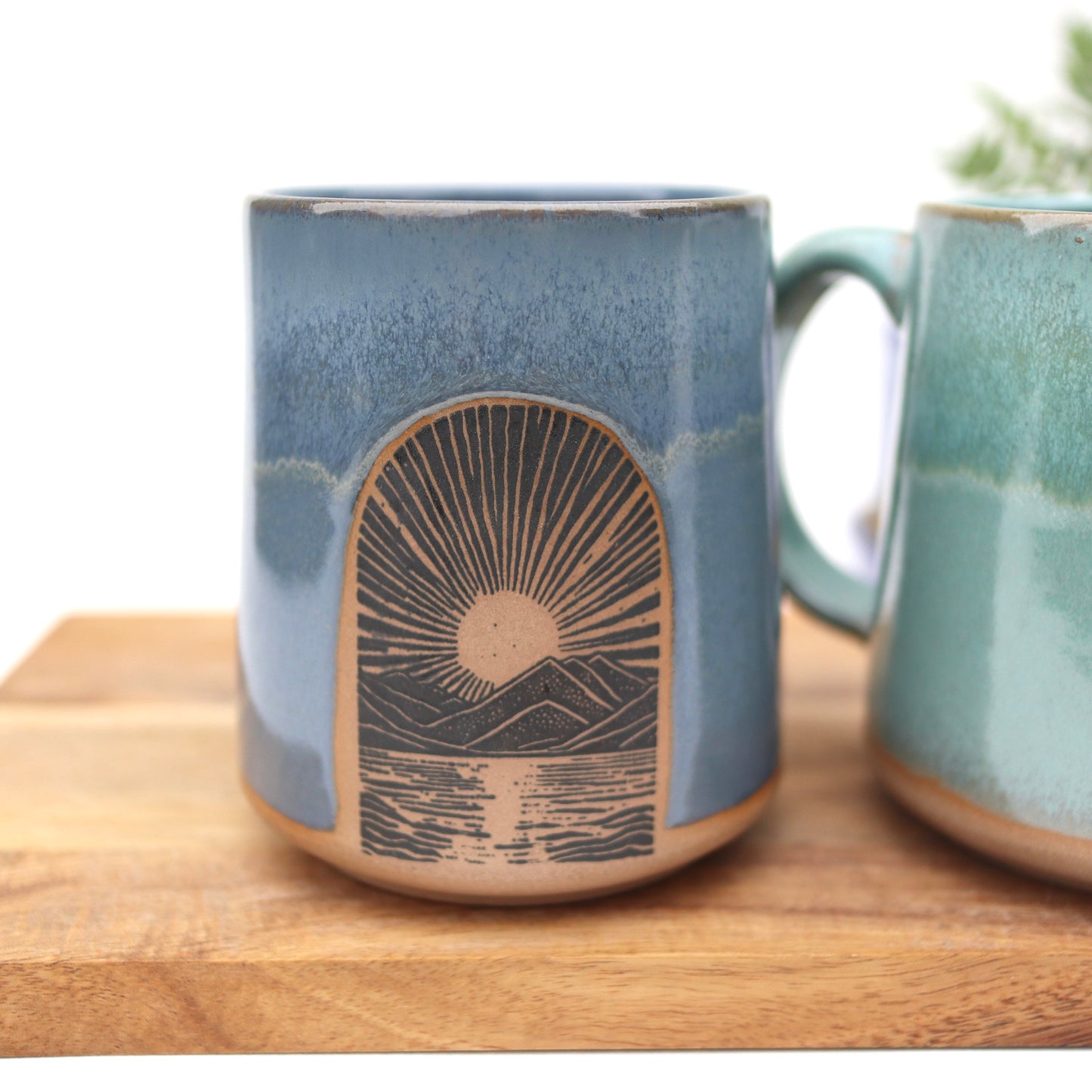 Handmade Pottery Mountain Sunrise Mug. Handmade ceramic coffee cup.