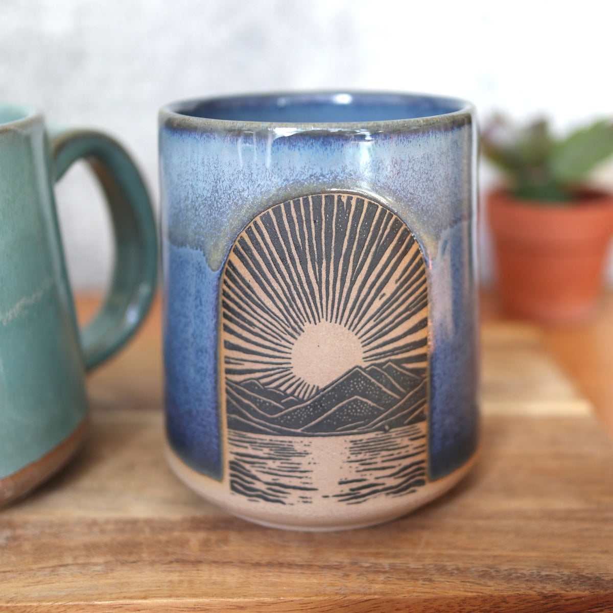 Handmade Pottery Mountain Sunrise Mug. Handmade ceramic coffee cup.