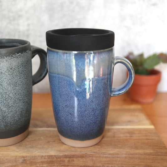 Ceramic travel mug with silicone lid. Handmade travel mug, Handmade ceramic mug, lidded coffee cup, Roam Ceramics.