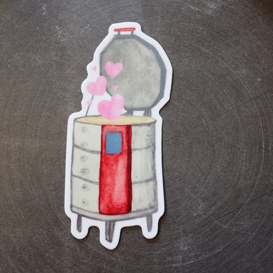 A sticker depicting a pottery kiln with hearts, designed with watercolor illustrations.