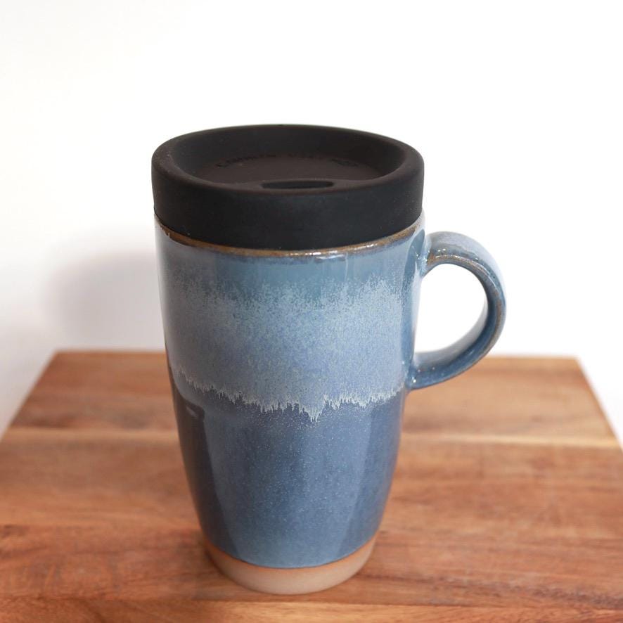 Ceramic travel mug with handle and silicone lid. Handmade travel mug, Handmade ceramic mug, lidded coffee cup, Roam Ceramics